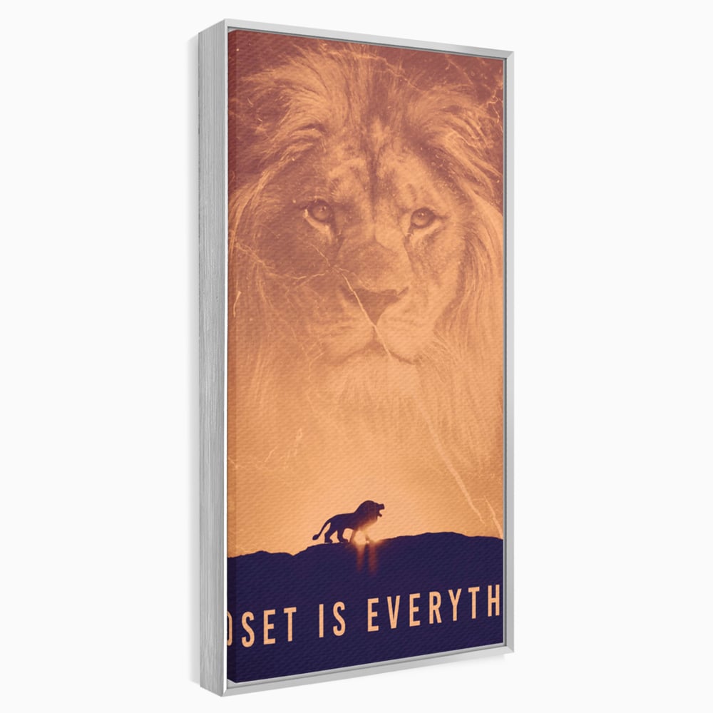 Tablou canvas cu tablou motivational cu leu si silueta, in rama de aluminiu argintiu